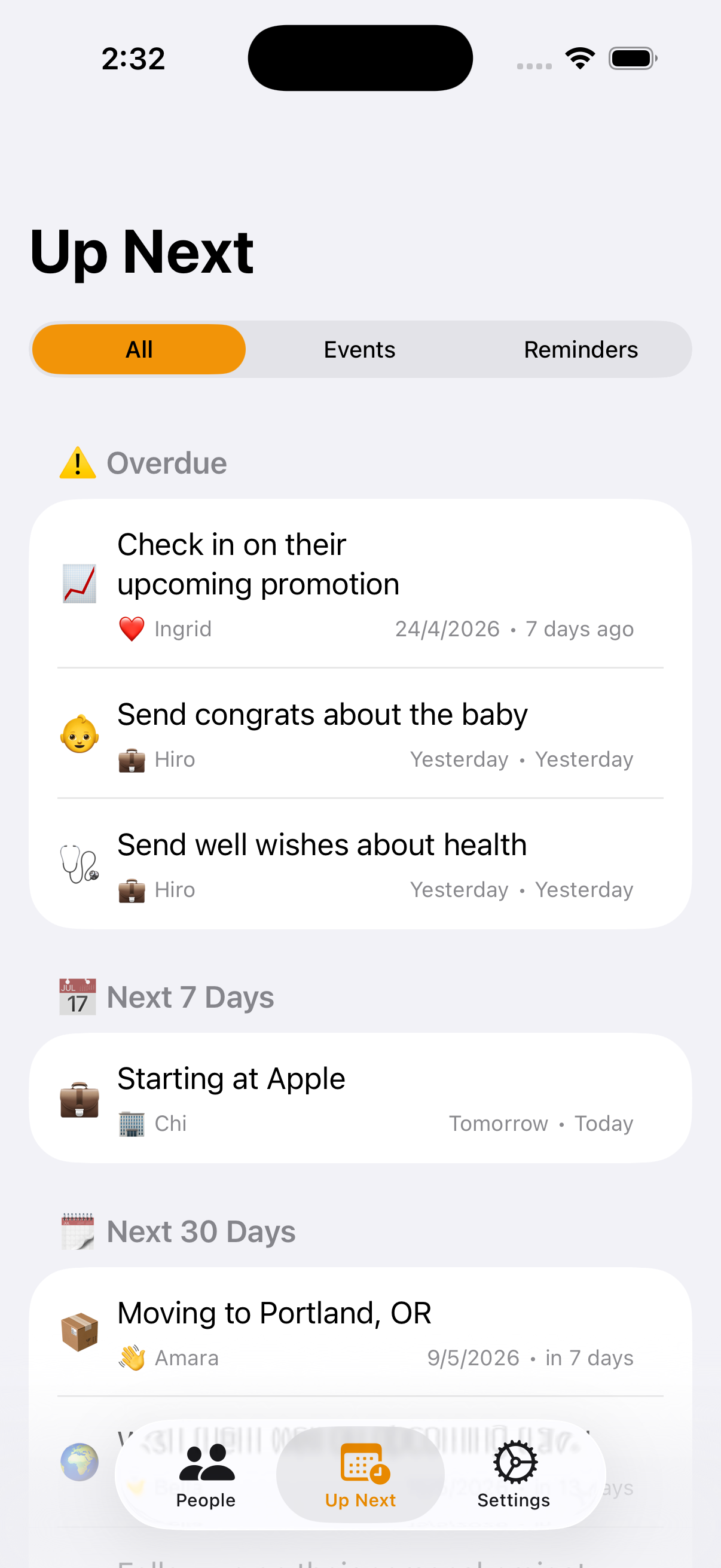 Up Next view with auto-scheduled follow-ups